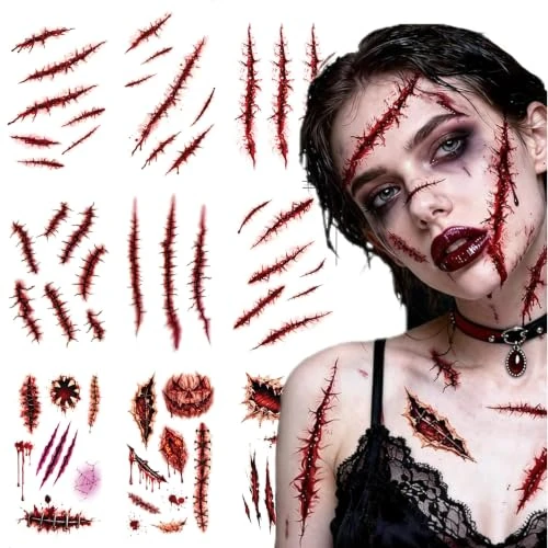 Offerta a tempo: JOVYTH 10 Tatuaggi Viso Halloween Fogli Tatuaggi Halloween, Tatuaggi Temporanei Viso e Corpo, Ferite Finte e Cicatrici, Adesivi Halloween per Trucco Zombie Horror e Travestimenti - 28.61% da 6.99 € a 4.99 €