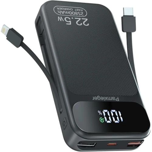 Offerta a tempo: Power Bank 25800 mAh 22,5W con cavi incorporati, Batteria Esterna Ricarica Veloce PD3.0 QC4.0, USB-C bidirezionale, Display LCD, caricatore portatile per iPhone e Android - 36% da 25.00 € a 15.99 €