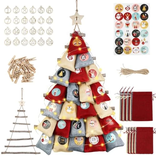 Zeitlich begrenztes Angebot: RumonZS Weihnachtskalender 2026 Adventskalender zum Befüllen 2 Größen | 24 Tüten in drei Farben, Garnseile Holzklammern Nummernteile, Aufkleber Aufhängebaum für Ihren DIY Weihnachts Adventskalender von 17.99 € auf 17.99 € (0.0