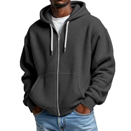 Offerta a tempo: Generico Felpa Uomo con Cappuccio, Felpa con Cappuccio da Uomo A Zip Intera, Maglia Waffle, Giacca Casual Oversize con Tasche, Felpa Cappuccio in Tessuto A Nido D’Ape per Tempo Libero - 0.00% da 14.99 € a 14.99 €