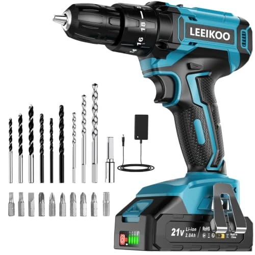 Offerta a tempo: Trapano Avvitatore Batteria 21V, LEEIKOO Avvitatore Elettrico con Batteria da 2.0Ah, 42N.m di Coppia, 2 Velocità, 18+1 Coppia, 20 Accessori, Luce a LED, Per il fai da te, in Casa e Giardino - 10% da 59.99 € a 53.99 €