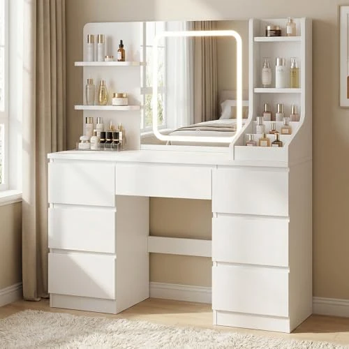 Offerta a tempo: TRIUMPHKEY Toeletta da Trucco con Luci LED,Postazione Trucco,Toletta con Specchio,Tavolo da Trucco on 4 Ripiani,7 Cassetti e 3 Scomparti Aperti,Moderna (Bianco Puro) - 0.00% da 149.99 € a 149.99 €