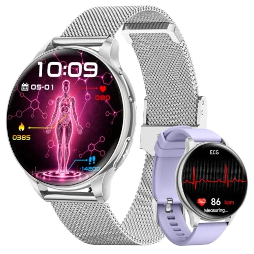Zeitlich begrenztes Angebot: Smartwatch Damen mit EKG/HRV/BMI/Blutdruck, 1,32" AMOLED Rund Uhr, Silber | Gesundheitsuhr mit Pulsuhr, Schlaf, SpO2, 30s Mikro-Check, Menstruationszyklus, IP68, 130+ Sportmodi, Anrufe SOS, iOS Android von 99.99 € auf 69.99 € 