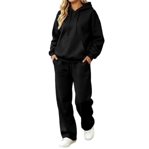 Generico Survêtement de sport pour femme, sweat et pantalon de jogging, fitness, ensemble de gym, survêtement de yoga, large gymnastique, ensemble complet 2 pièces, Noir (011 Black), S