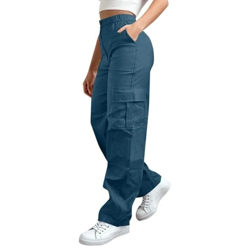 Offerta a tempo: Generico Pantaloni Cargo Donna Gamba Larga con Multi Tasche Leggeri Pantaloni da Lavoro Larghi Elastiche Sportivi Pantalone Comodi Dritta Trekking Pantalone - 0.00% da 29.99 € a 29.99 €