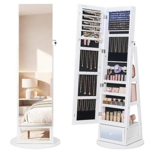 Oferta limitada: SONGMICS Espejo Joyero con Cajón, Giro de 360°, sin Marco, Estantes | Armario de Joyas, Espejo Completo, Superficie Blanco, Forro Negro Tinta, Colección BERIT JJC037W101 de 104.99 € a 89.24 € (ahorro 15%)
