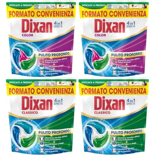 Offerta a tempo: Dixan DISCS 4in1 Classico 2 pack + Colore 2 pack Detersivo lavatrice, 60 lavaggi 4 confezioni - 20% da 73.19 € a 58.55 €