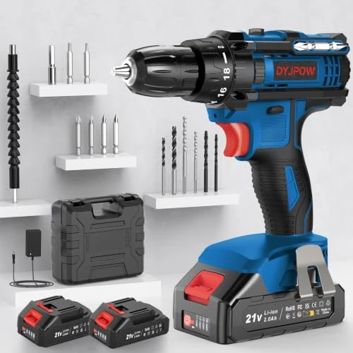 Offerta a tempo: DYJPOW Trapano Avvitatore a Batteria 21 V, 2 Batterie da 2,0 Ah, 42N.m | Kit con 14 accessori e valigetta, 18+1 livelli di coppia, 2 velocità e LED per avvitare e forare legno e metallo - 28% da 59.99 € a 42.99 €