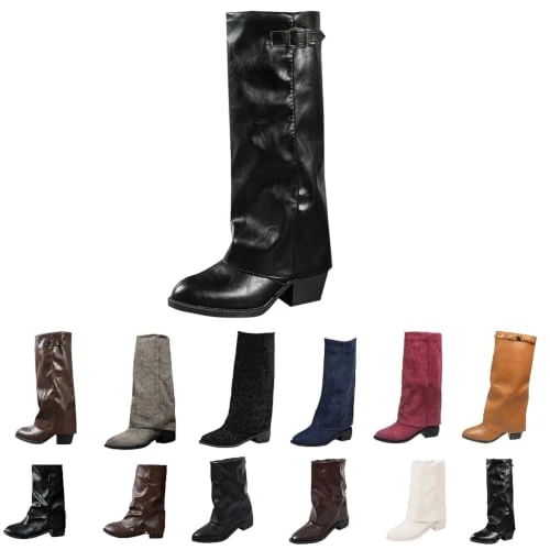 Offerta a tempo: Uwdiohq Stivali Donna al Ginocchio Gambale a Tubo con Ghetta Risvolto Stivali a Punta Pelle Sintetica Shark Style A Nero 36 - 0.00% da 29.98 € a 29.98 €