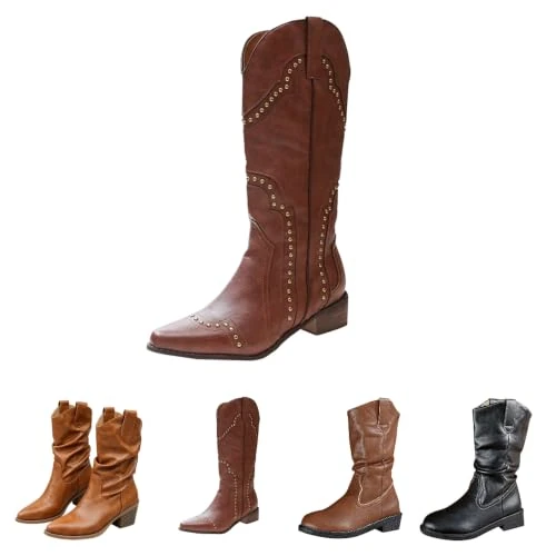 Offerta a tempo: Uwdiohq Stivali Alti Texani Donna Western, Scarpe da Donna A Punta in Pelle Sintetica Vegana,Tacco Medio Stivali Western Cowboy Casual A Marrone 35 - 0.00% da 31.98 € a 31.98 €