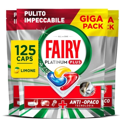 Offerta a tempo: Fairy Platinum Plus Pastiglie Lavastoviglie Tutto in Uno, 125 Caps, Limone | Detersivo in Capsule, Stoviglie Brillanti, Rimuovi Grasso, Efficace nei Cicli Brevi al Primo Lavaggio, Anti-Opaco, Giga Pack - 47% da 50.70 € a 26.99 €