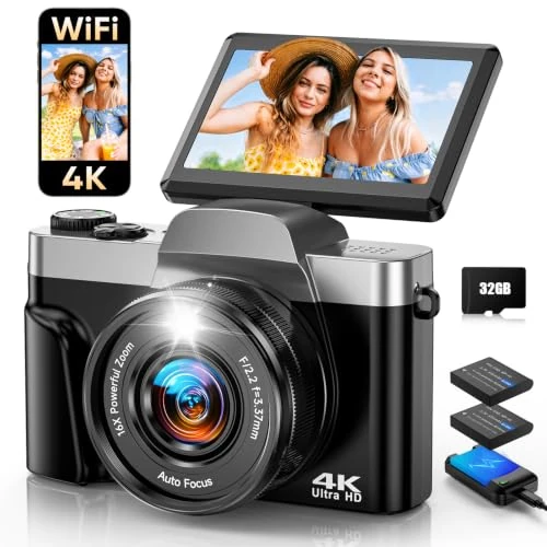 Oferta limitada: Cámara Digital con WiFi, 4K 64MP Cámara de Fotos Compacta | Autofoco, Pantalla 3" 180°, Flash, Webcam, Zoom 16X, Anti-Shake, Tarjeta 32GB, 2 Baterías para Adolescentes y Principiantes de 109.99 € a 83.99 € (ahorro 24%)