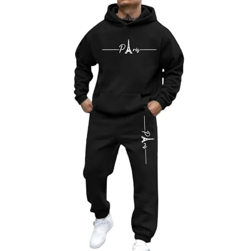 Trainingspak voor heren met capuchon, sweatshirt met lange mouwen en sportbroek, 2-delig, casual, licht, warm, met zakken, elasticiteit, sportschool, pak voor heren, 001 zwart, XL
