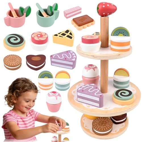 Offerta a tempo: Stoviglie Cucina Bambini in Legno, Giocattoli Latta Tea Party Finta di Giocare con Dessert Donut, 13 PCS Giocattoli da Dessert Regalo per Ragazze Ragazzi 3 4 5 6 7 8 Anni - 38% da 15.97 € a 9.97 €