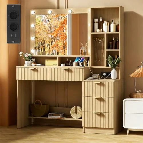 Offerta a tempo: TRIUMPHKEY Toeletta Trucco con Specchio e Luci,Tavolo da Toilette con Cassetti, Postazione Trucco con Ripiani Aperti, Ganci per Gioielli e Presa Elettrica per Camera da Letto,Moderno (Legno) - 11% da 169.00 € a 149.99 €
