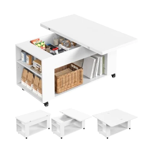 Offerta a tempo: Yaheetech Tavolino da Salotto Pieghevole e Ruotabile 95x95x48.5 cm, Bianco | Tavolino da Caffè Con Vano Nascosto, Ripiani a Giorno Regolabili, Ruota con Freno a Pedale, Struttura Resistente - 5% da 89.99 € a 85.49 €