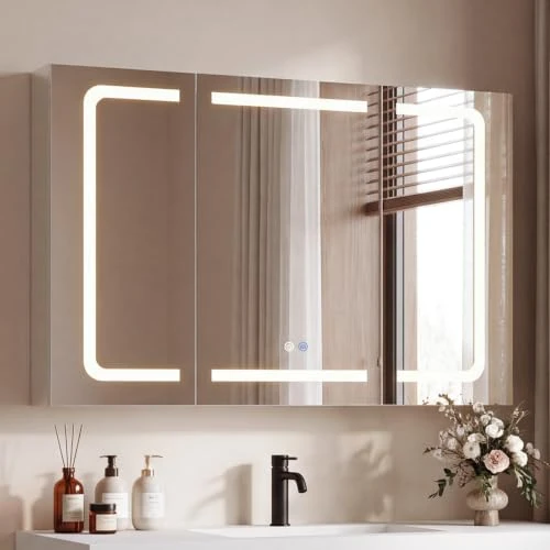 Zeitlich begrenztes Angebot: TRIUMPHKEY Badezimmerspiegel mit Lichtern, faltbares Design mit 3 Türen, dimmbare LED, stoßdämpfende Scharniere, beschlagfrei, integrierte Steckdosen und USB, 5 Ebenen des Stauraums (100 x 60 cm) von 169.00 € auf 129.00 € (23.