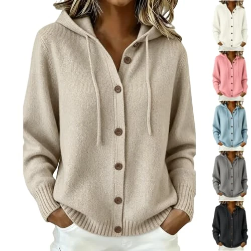 Offerta a tempo: Cardigan Donna con Cappuccio e Bottoni in Maglia a Maniche Lunghe,Cachi,L - 0.00% da 23.98 € a 23.98 €