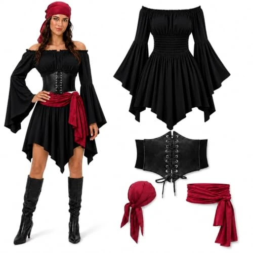 Disfraz de pirata para mujer, juego de 4 piezas, disfraz pirata para mujer, vestido con corsé, bandana, cinturón, medieval gótico, conjunto medieval, vestido medieval, vestido de festival para