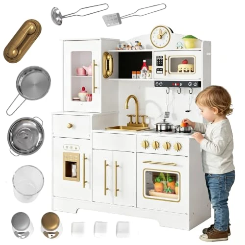 Cuisine jouet pour enfants, cuisine de jeu avec sons, cuisinières, robinet, évier, micro-ondes, horloge, machine à glace et accessoires de cuisine, cuisine de jeu en bois pour enfants à partir de 3