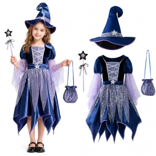 Offerta a tempo: Vestito Halloween Bambina Strega, Vestito Strega Bambina Costume Halloween Accessori Set 4 Pezzi con Vestito, Cappello, Bacchetta e Borsetta, per Halloween Carnevale Spettacolo, Festa 4-15 anni - 0.00% da 19.98 € a 19.98 €