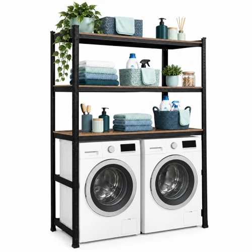 Offerta a tempo: Relaxdays Scaffale per lavatrice, nero/marrone | HxLxP: 180 x 130 x 40 cm, 3 ripiani, 600 kg, acciaio, MDF, a incastro - 50% da 89.99 € a 44.99 €