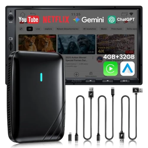 CarPlay Wireless Android Auto Adapter, 4GB+32GB AI Box 3 in 1 voor OEM Kabel CP/AA, Dual WiFi en Bluetooth IoT, AI Box CarPlay voor Netflix/YouTube/TikTok/TF-kaart, DriveChat AI Voice, CB4B