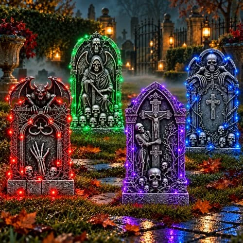 Offre limitée : 4 Pièces Tombe Halloween Decoration Exterieur avec LED Pierre Tombale | Deco Halloween Tombe Extérieur Decoration, Décoration Halloween Extérieur pour Jardins Maisons Hantées de 19.99 € à 19.99 € (0.00% de remise)