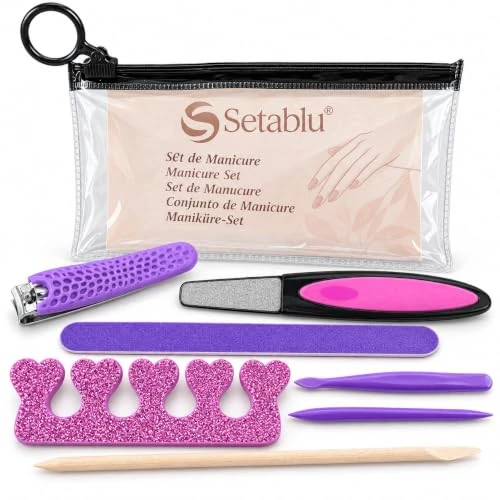 Offerta a tempo: Setablu Set Manicure e Pedicure con Pochette, Kit per Cura Unghie Mani e Piedi con Tagliaunghie, Lime, Separadita e Accessori Assortiti, Rosa e Viola - 0.00% da 19.99 € a 19.99 €