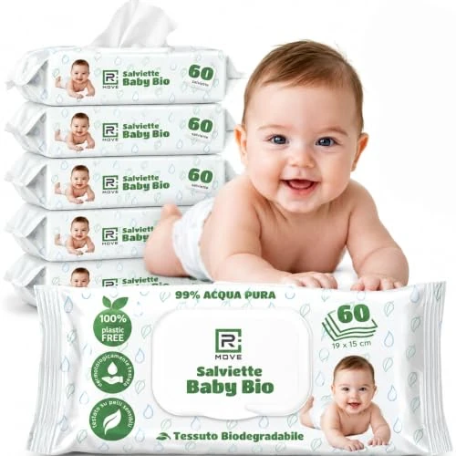 Offerta a tempo: R MOVE 360 salviette neonato umidificate acqua pura 99% biodegradabili, 6 confezioni da 60 salviettine bambini water, coperchio salvafreschezza, idratanti, igienizzanti e rinfrescanti, mani e corpo - 0.00% da 15.41 € a 15.41 €