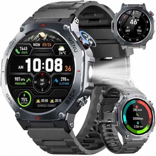 Oferta limitada: Jugeman Reloj Inteligente Hombre Militar con GPS y Linterna LED, Smartwatch | 5ATM,Brújula, llamadas Bluetooth Pulsómetro Sueño,1.43"AMOLED Reloj Deportivo 160+Modos Deportivos para IOS Android de 129.99 € a 59.99 € (ahorro 54%)