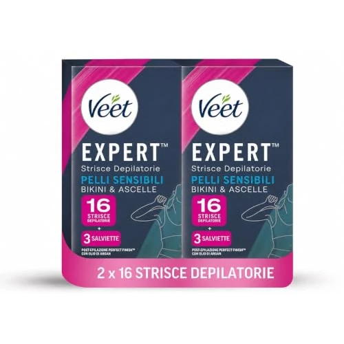 Offerta a tempo: Veet Expert Strisce Depilatorie Ascelle e Zona Bikini, Ceretta per Pelli Sensibili con Olio di Mandorla, Dermatologicamente Testate, 2 Confezioni da 8x2 Strisce + 6 Salviette Post-Epilazione - 23% da 10.99 € a 8.49 €