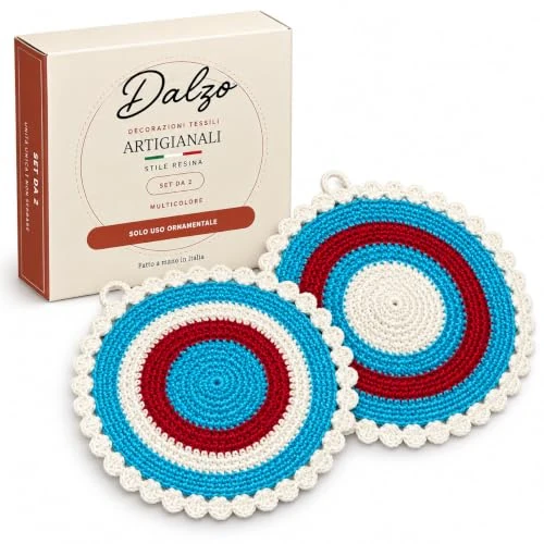DALZO Set di 2 Presine Decorative Artigianali da Appendere, Decorazioni Tessili in 100% Cotone, Fatte a Mano in Italia, Fantasie Multicolore Assortite, Ø 12 cm