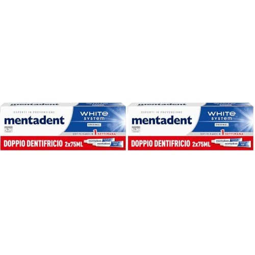 Offerta a tempo: Mentadent Dentifricio White System Original, Sbiancante, 2x75ml (Confezione da 2) - 28% da 9.16 € a 6.59 €