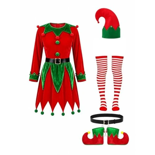 Offerta a tempo: Generico Costume Da Elfo Di Natale Per Donna Vestito a Balze Con Cappello E Calze Righe Travestimento Babbo Aiuto Feste Carnevale Elfo Aiutante Natale, Elfo, Costume Costumi In Maschera - 0.00% da 5.89 € a 5.89 €