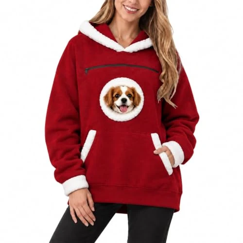 Offerta a tempo: Felpa Donna Uomo con Cappuccio e Tasca Rotonda in Pelliccia Bianca Porta Cane, Apertura per la Testa, Rosso, Felpe Autunno Inverno per Animali Domestici, Regalo di Natale per gli Amanti dei Cani - 17% da 29.99 € a 24.99 €