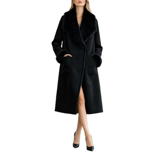 Generico Manteau d'hiver en fourrure pour femme, avec rembourrage chaud, en polaire, manteau d'hiver, épais, en fourrure synthétique, col large et poches pour l'automne et l'hiver, 02 noir., M
