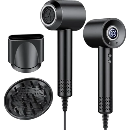 Ionische haardroger, 180.000 omw/min, professioneel haar, 500 miljoen negatieve ionen, 4 temperaturen, 3 snelheden, led-display, intelligente temperatuurregeling, geluidsarm, 2 magnetische accessoires