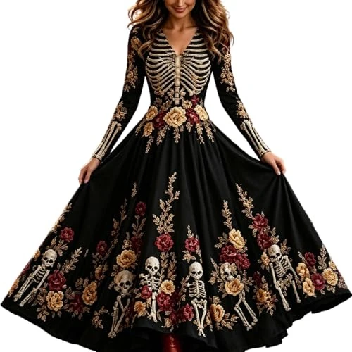 Offerta a tempo: Sobzia Costume Halloween Donna Vestito Halloween Donna, Vestito Maxi Scollo a V Maniche Lunghe Motivo Scheletro e Rose Costumi per Halloween e Carnevale M - 0.00% da 9.98 € a 9.98 €