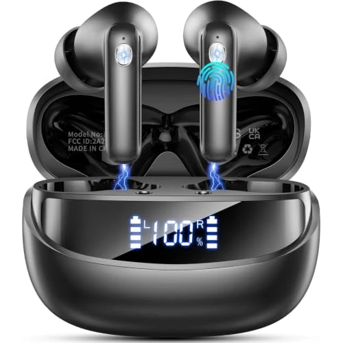 Offerta a tempo: Nuovo Cuffie Bluetooth 5.4, Auricolari Bluetooth Stereo HiFi Con 4 ENC Microfoni Anti-Rumore, Durata 50 Ore Cuffiette In Ear, Cuffiette Touch Control, Impermeabili IP7 Cuffie Senza Fili, LED-Display - 78% da 89.99 € a 19.99 €