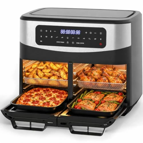 Offerta a tempo: Iceagle Friggitrice ad Aria 12 litri Doppia Zona, 2600W Forno Air Fryer con Separatore Rimovibile, 10 Programmi, Sync Finish e Dual Cook, Finestre, Accessori Inclusi, Ricette, 50–200°C - 0.00% da 129.99 € a 129.99 €