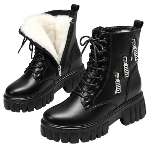 Bottines d'hiver pour femme avec fourrure intérieure, fermeture éclair latérale, semelle antidérapante, robuste, chaussures confortables et chaudes, avec semelle épaisse, pour l'automne et l'hiver