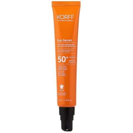 offerta a tempo: korff korff sun secret fluido viso antimacchie spf50, crema fluida effetto matt texture morbida — 30% da 15,07 € a 10,58 €