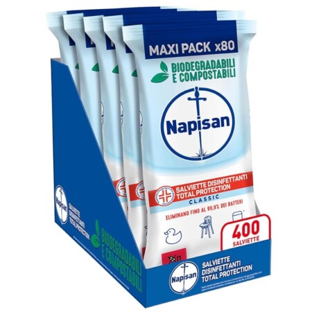 offerta a tempo: napisan salviette disinfettanti total protection, confezione da 5 pacchi x 80 salviette — 30% da 26,95 € a 18,99 €