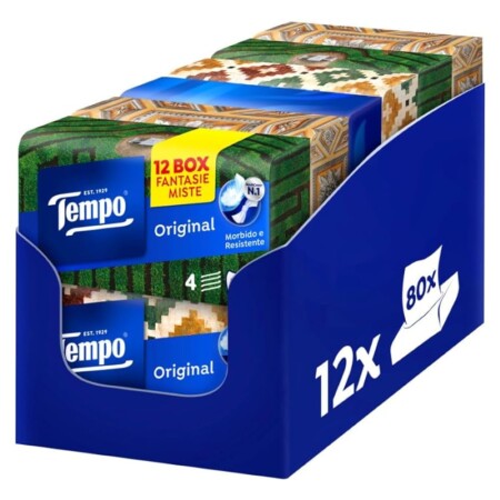 offerta a tempo: tempo fazzoletti box original 4 veli 12 confezioni da 80 fazzoletti in 4 grafiche assortite — 35% da 27,48 € a 17,99 €