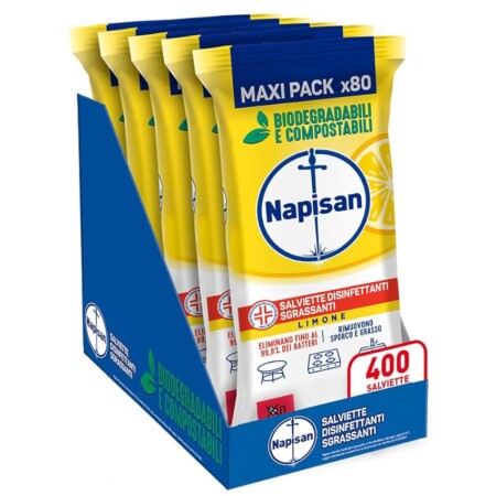 offerta a tempo: napisan salviette disinfettanti sgrassanti al limone, confezione da 5 pacchi x 80 — 30% da 26,95 € a 18,90 €