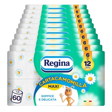 offerta a tempo: regina cartacamomilla 60 rotoli di carta igienica, 300 soffici fogli a 3 veli — 25% da 65,99 € a 49,38 €