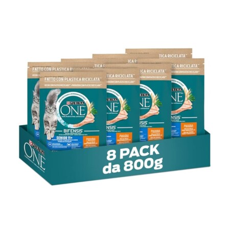 offerta a tempo: purina one bifensis senior crocchette per gatti adulti ricco pollo e cereali integrali 8 sacchi da 800g — 20% da 43,92 € a 34,99 €