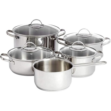 offerta a tempo: amazon basics 9 pezzi set di pentole a induzione acciaio inox — 35% da 97,54 € a 63,80 €