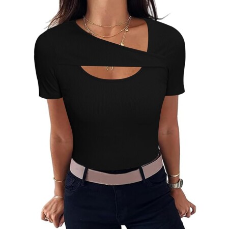 offerta a tempo: aottori t shirt donna scollo asimmetrico cotone maglietta manica corta estiva basic — 30% da 19,99 € a 13,99 €